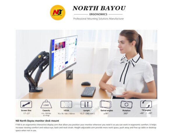 NB North Bayou H100 22 To 35 Inch Monitor Holder Arm Gas Spring Full Motion LCD TV Mount 2-12kg - Image 2