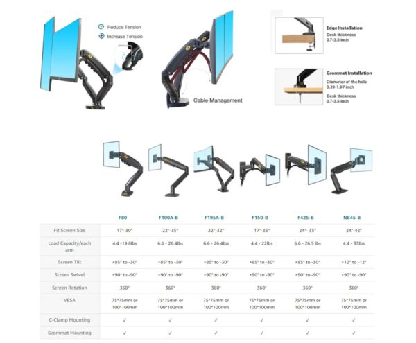 NB North Bayou H100 22 To 35 Inch Monitor Holder Arm Gas Spring Full Motion LCD TV Mount 2-12kg - Image 3