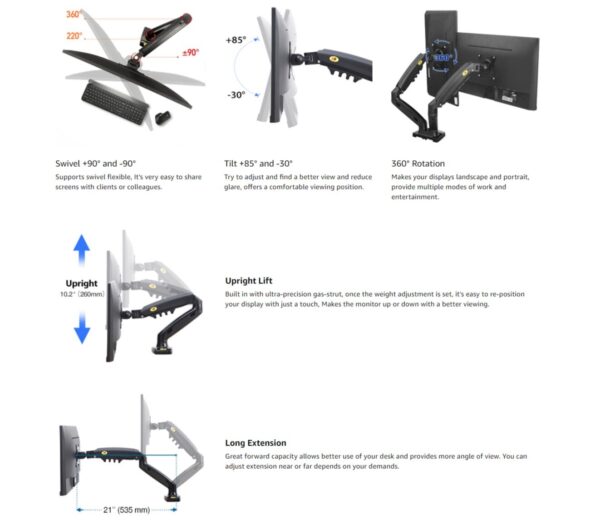 NB North Bayou H100 22 To 35 Inch Monitor Holder Arm Gas Spring Full Motion LCD TV Mount 2-12kg - Image 4