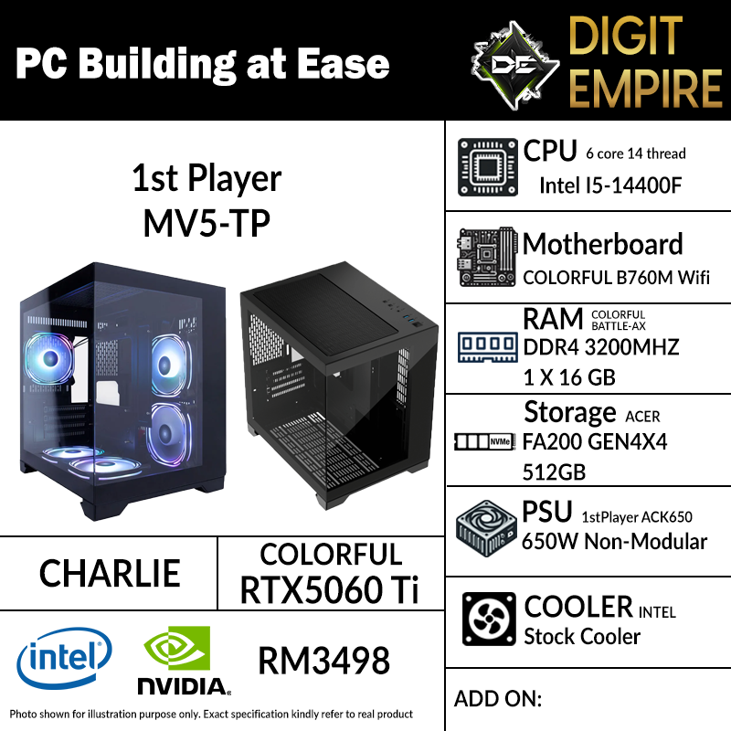 CHARLIE | INTEL I5-14400F | RTX5060 Ti 8GB | CUSTOM ARGB | GEN4 SSD